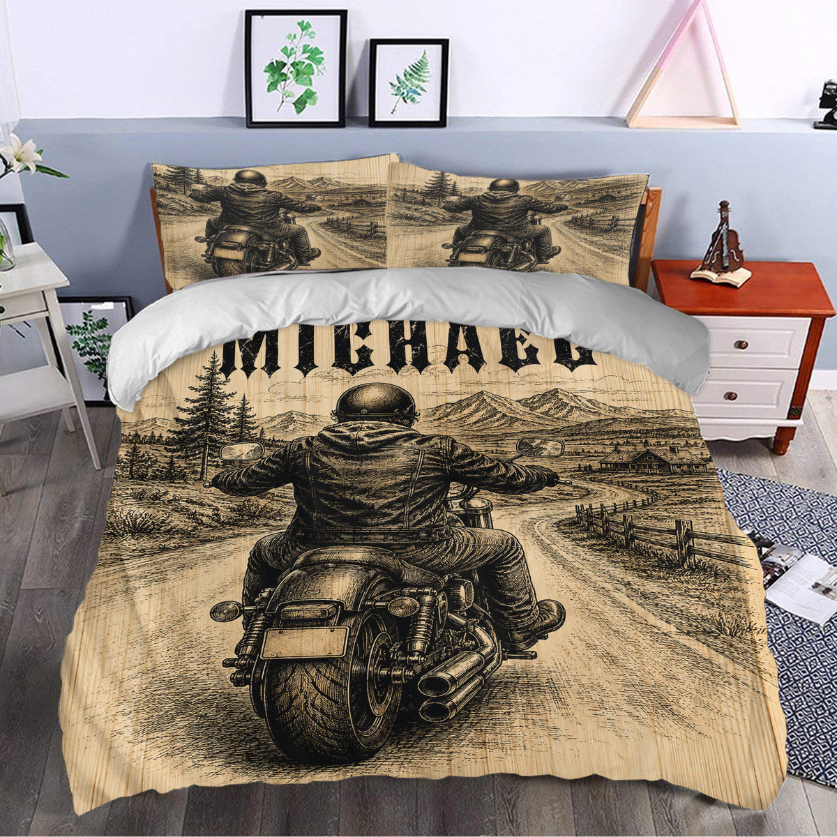 Biker duvet cover bedding set styled in a bedroom with vintage motorcycle artwork