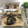 Biker bedding set presented in a bright bedroom with motorcycle and mountain landscape design