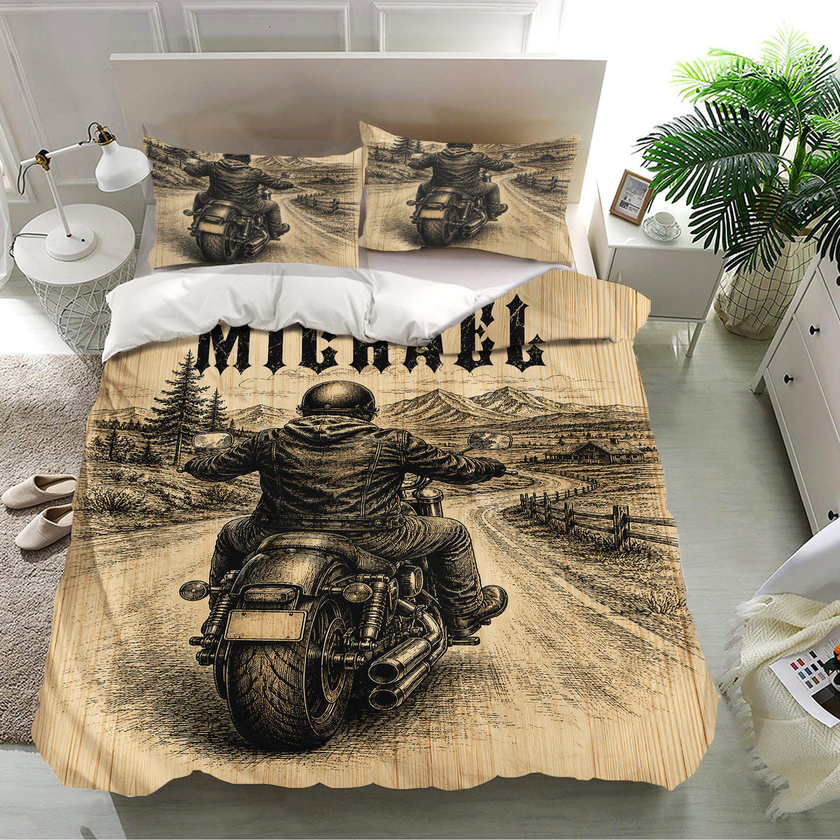 Biker bedding set presented in a bright bedroom with motorcycle and mountain landscape design