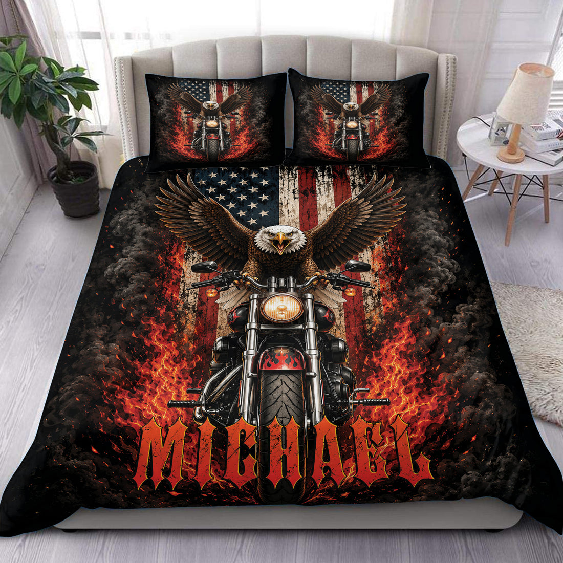 Biker duvet cover set styled on a bedroom with an eagle, motorcycle, flames, and distressed patriotic artwork
