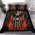 Biker duvet cover set styled on a bedroom with an eagle, motorcycle, flames, and distressed patriotic artwork