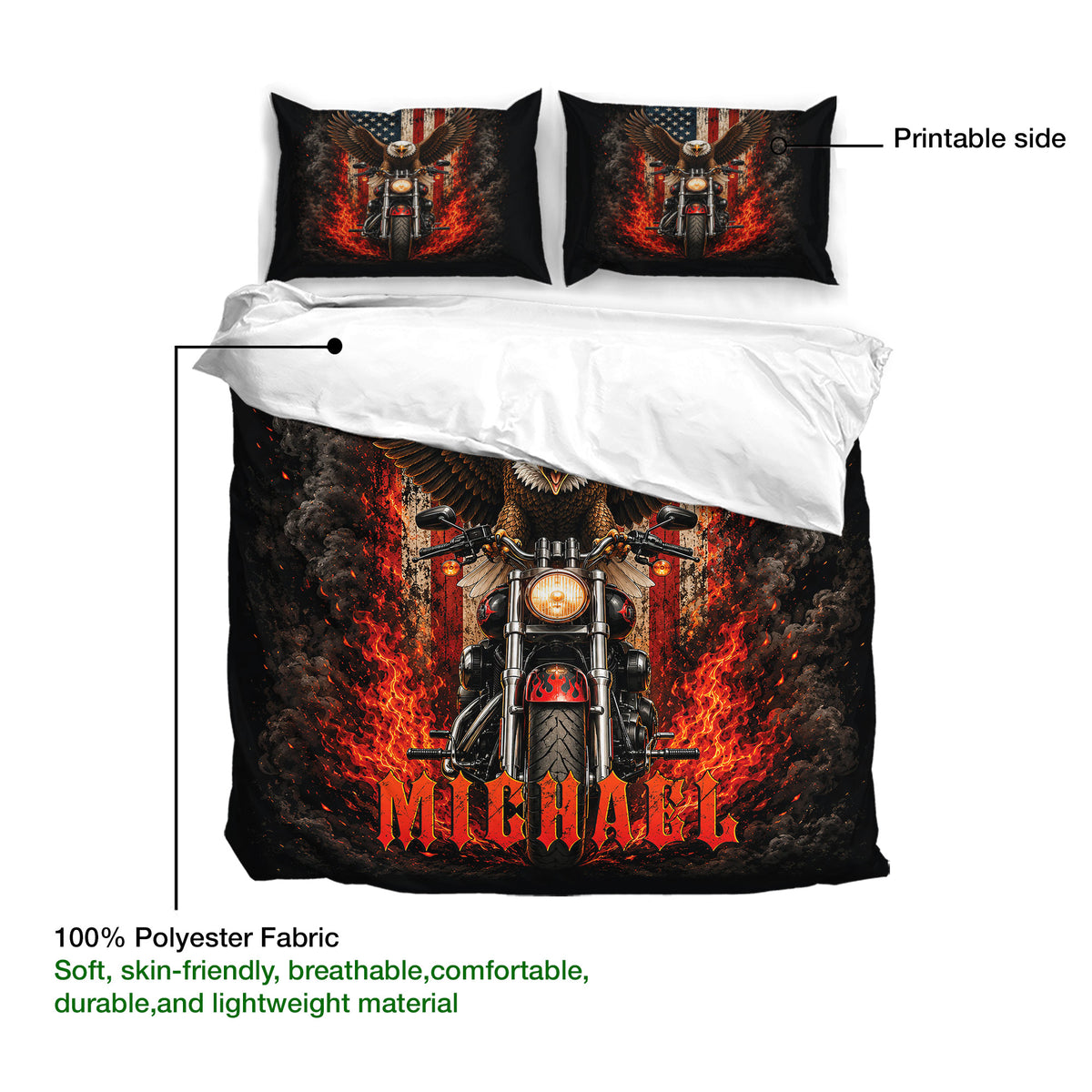Biker duvet cover set detail showing eagle motorcycle artwork and a printable polyester fabric side