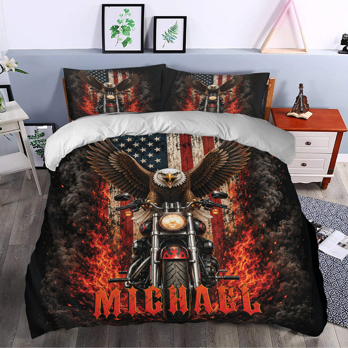 Biker duvet cover set in a modern bedroom featuring a patriotic eagle, motorcycle, and fiery artwork