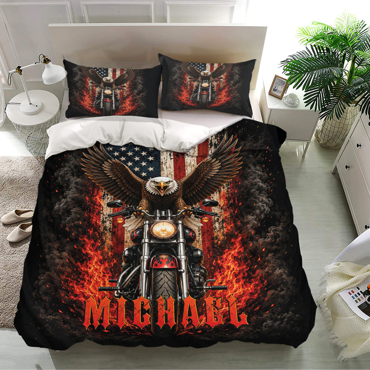 Biker bedroom decor featuring a black duvet cover set with an eagle, motorcycle, flames, and flag design