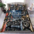 Biker duvet cover bedding set featuring a black motorcycle on a rain-lit city street