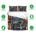 Biker duvet cover bedding set displayed with matching motorcycle pillowcases and soft breathable fabric icons