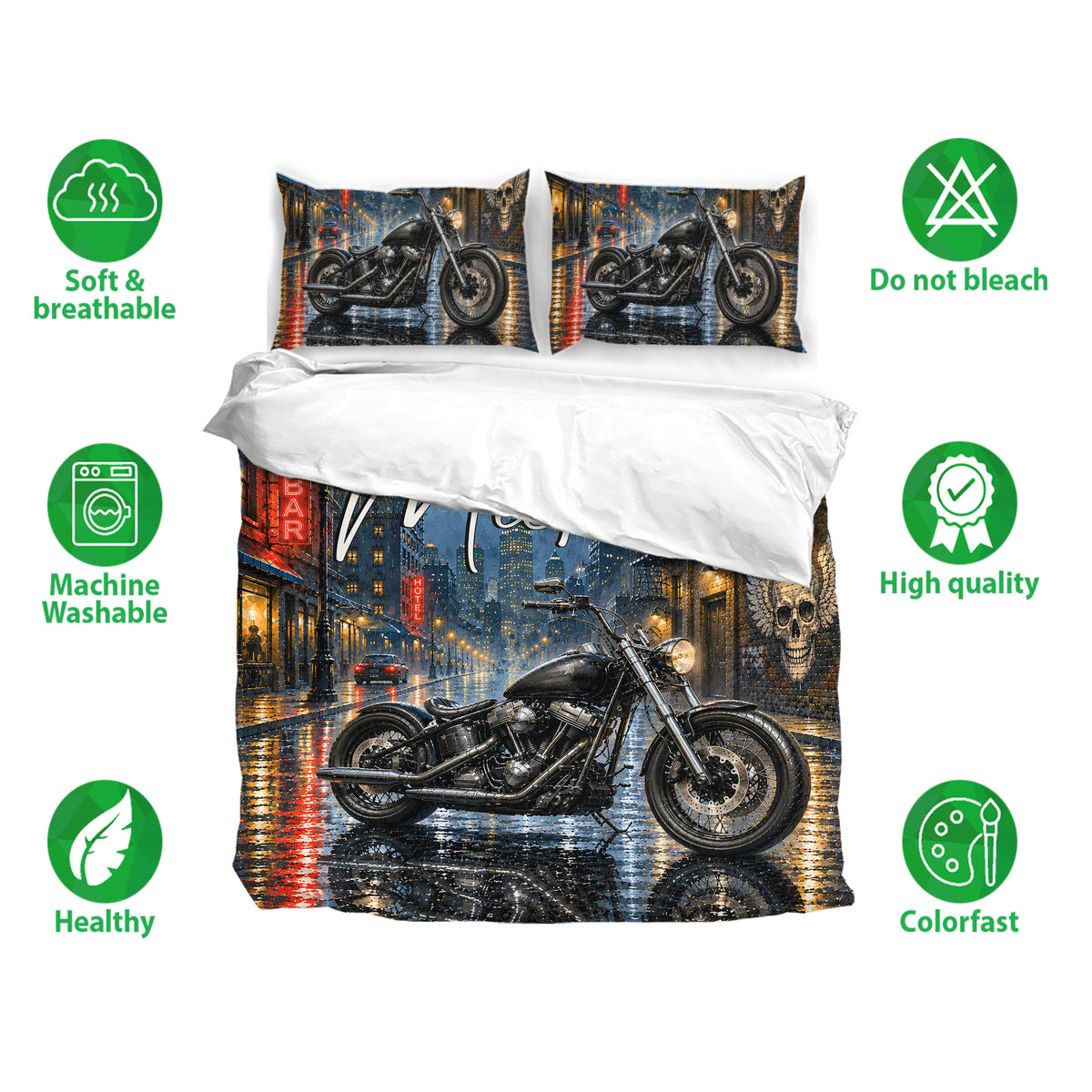 Biker duvet cover bedding set displayed with matching motorcycle pillowcases and soft breathable fabric icons