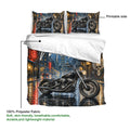 Biker duvet cover and matching pillowcases shown with printable side and 100% polyester fabric details