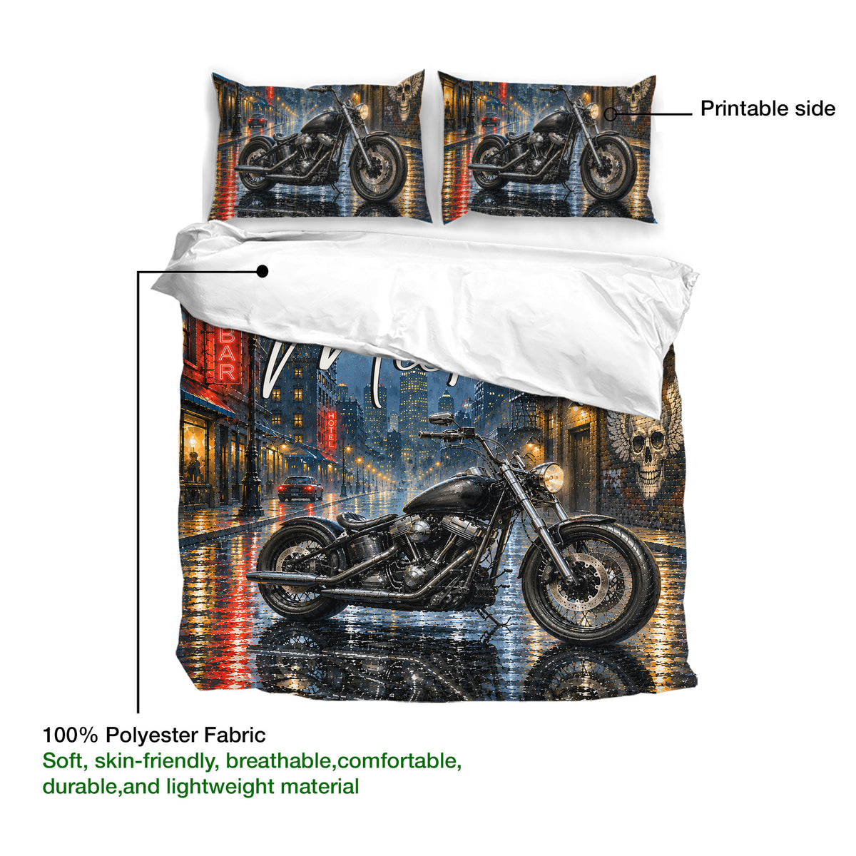 Biker duvet cover and matching pillowcases shown with printable side and 100% polyester fabric details