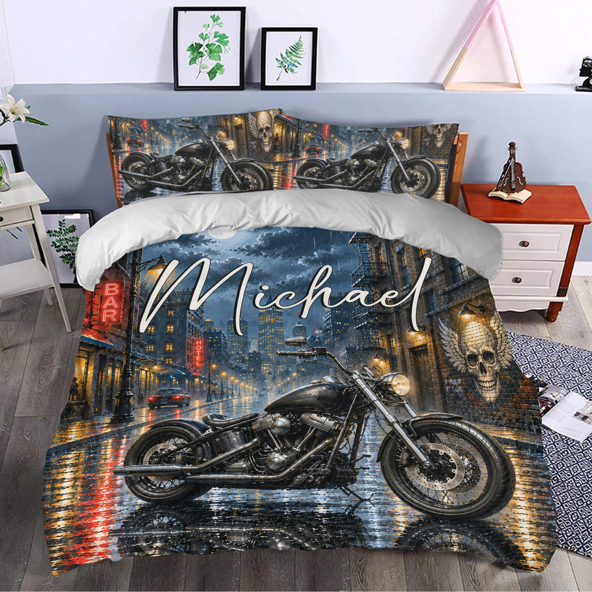 Biker duvet cover bedding set styled in a bedroom with motorcycle artwork and dramatic urban night colors