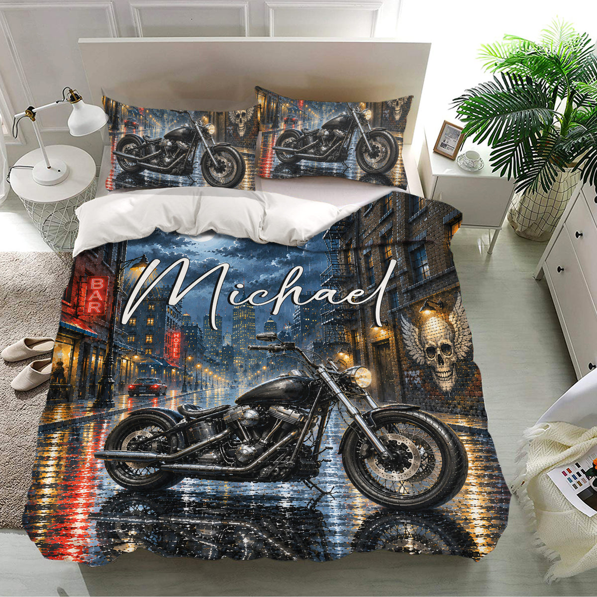 Biker bedding set displayed on a modern bed with motorcycle artwork, rainy streets, skull mural, and city lights