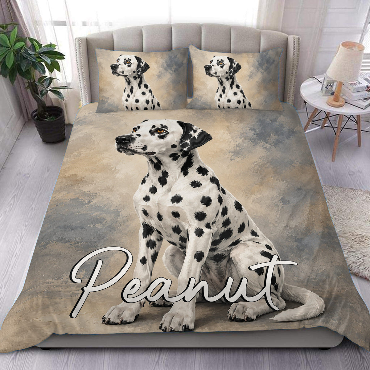 Dalmatian duvet cover set displayed on a bed with matching spotted dog pillowcases and artwork