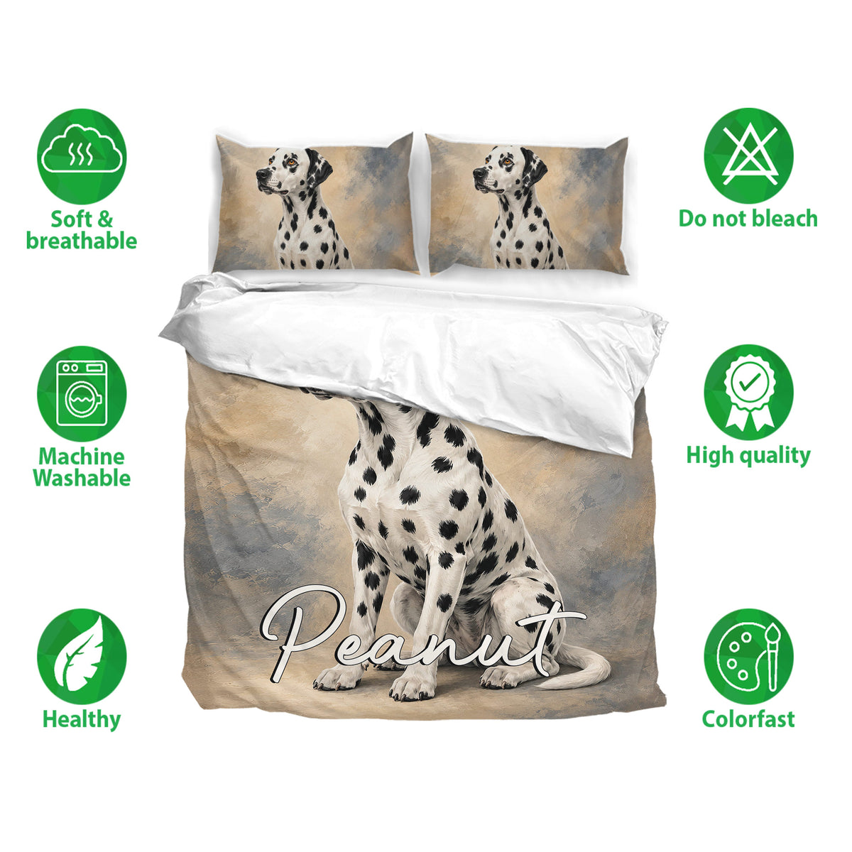 Dalmatian duvet cover bedding set shown with matching pillowcases and breathable fabric care icons