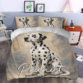 Dalmatian duvet cover bedding set styled in a modern bedroom with matching dog artwork
