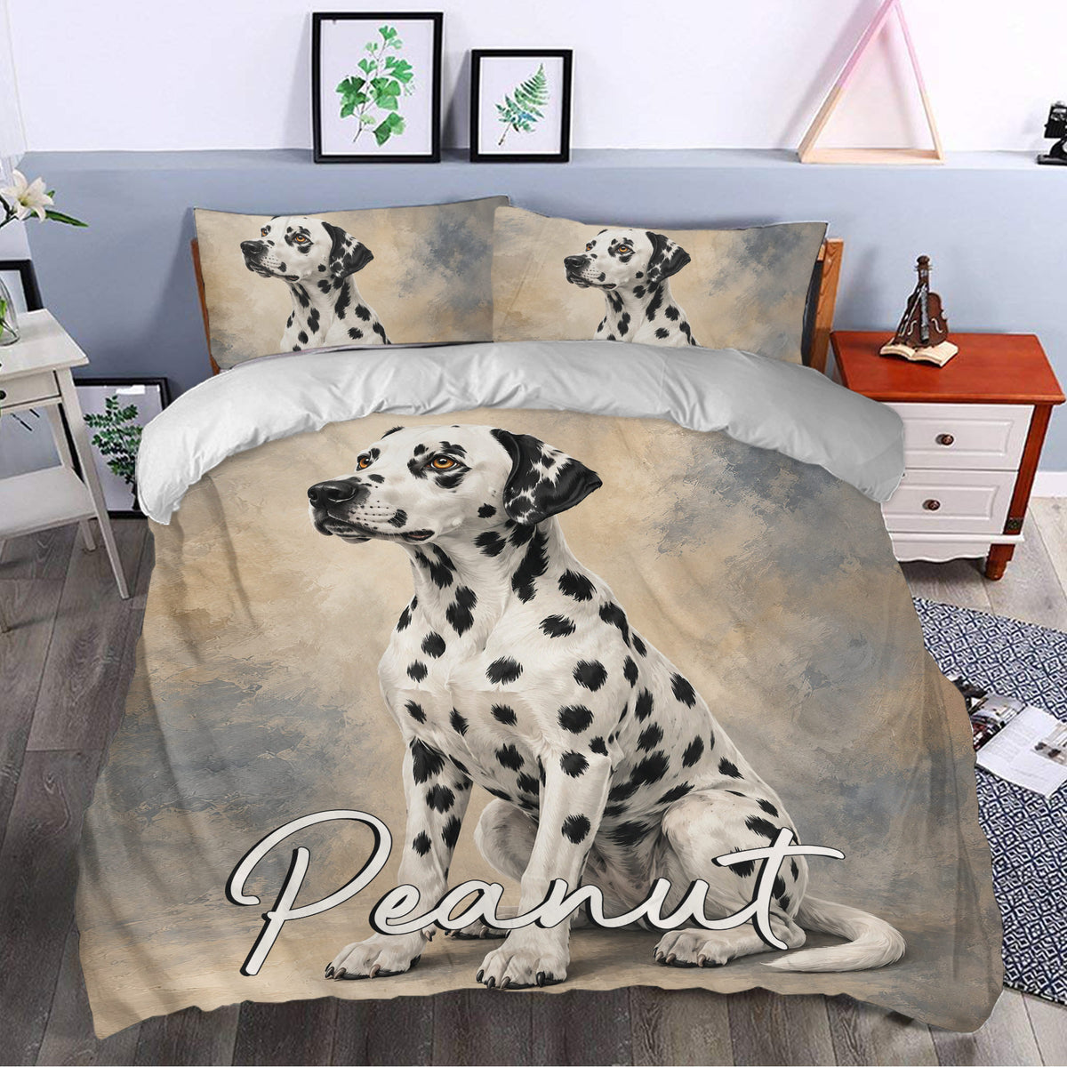 Dalmatian duvet cover bedding set styled in a modern bedroom with matching dog artwork