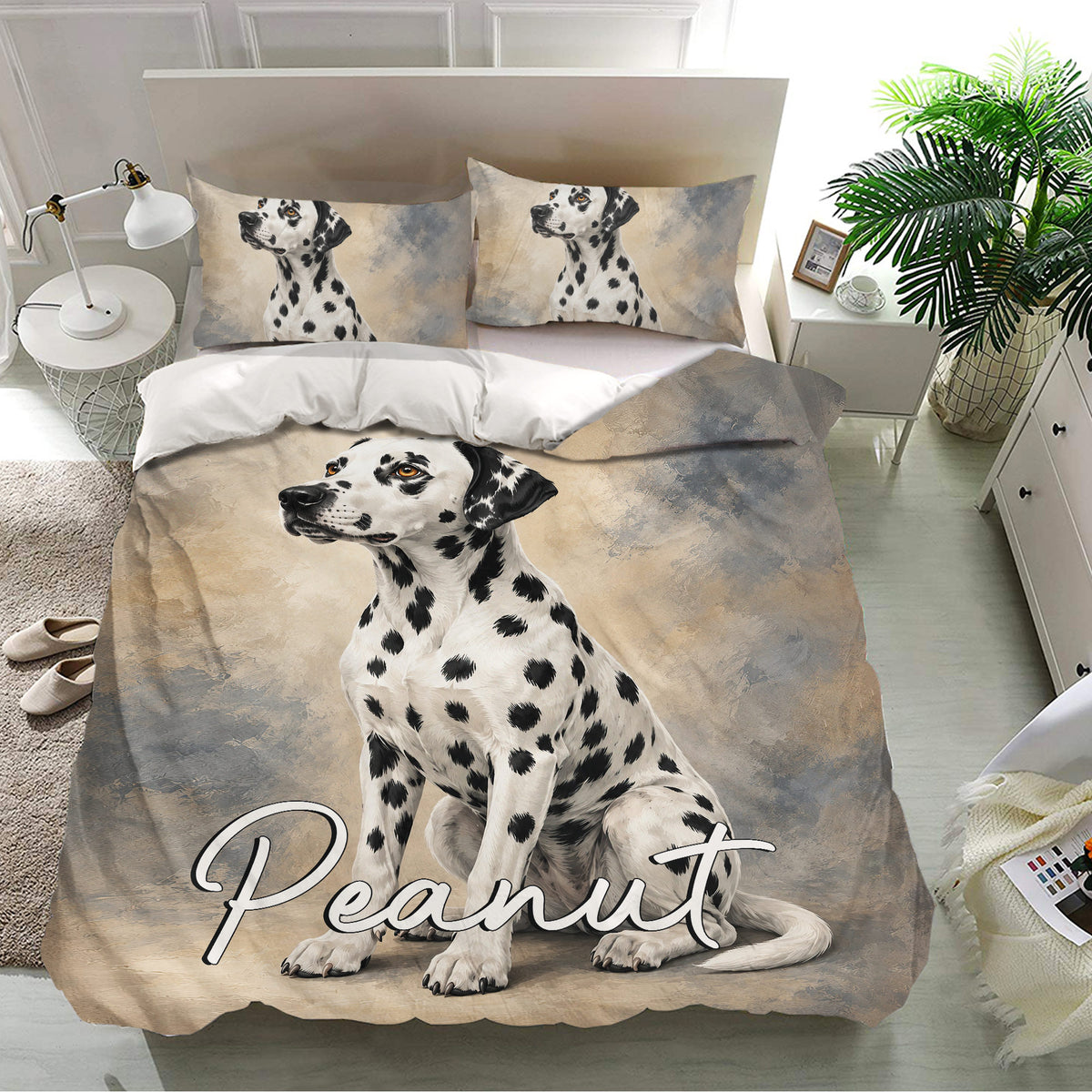 Dalmatian dog duvet cover set presented in a bright bedroom with coordinating spotted pillowcases