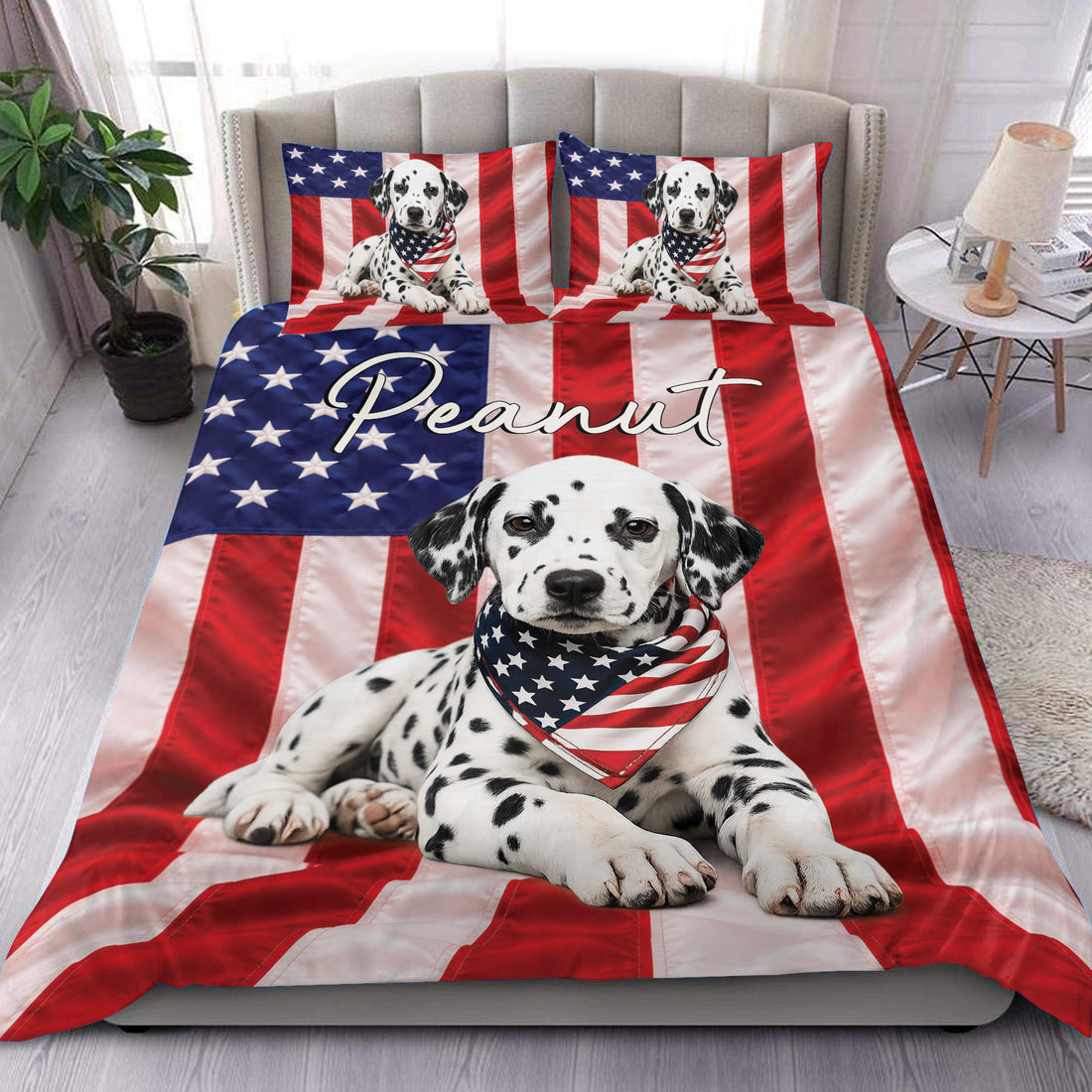 Custom Dalmatian duvet cover set with patriotic American flag design shown in a modern bedroom