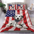 Custom Dalmatian duvet cover set with patriotic American flag design shown in a modern bedroom