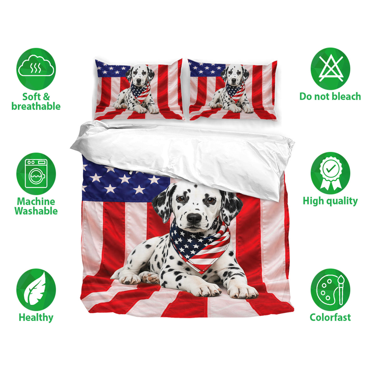 Dalmatian duvet cover bedding set with patriotic flag artwork and soft breathable bedding features