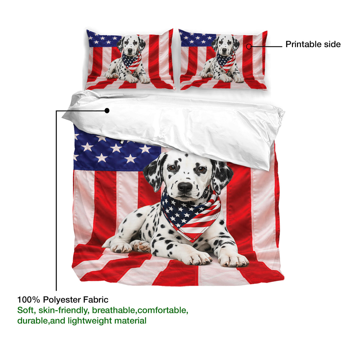 Dalmatian duvet cover with American flag artwork, printable surface, and lightweight polyester fabric