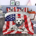 Patriotic Dalmatian duvet cover bedding set styled in a bedroom with matching dog pillowcases