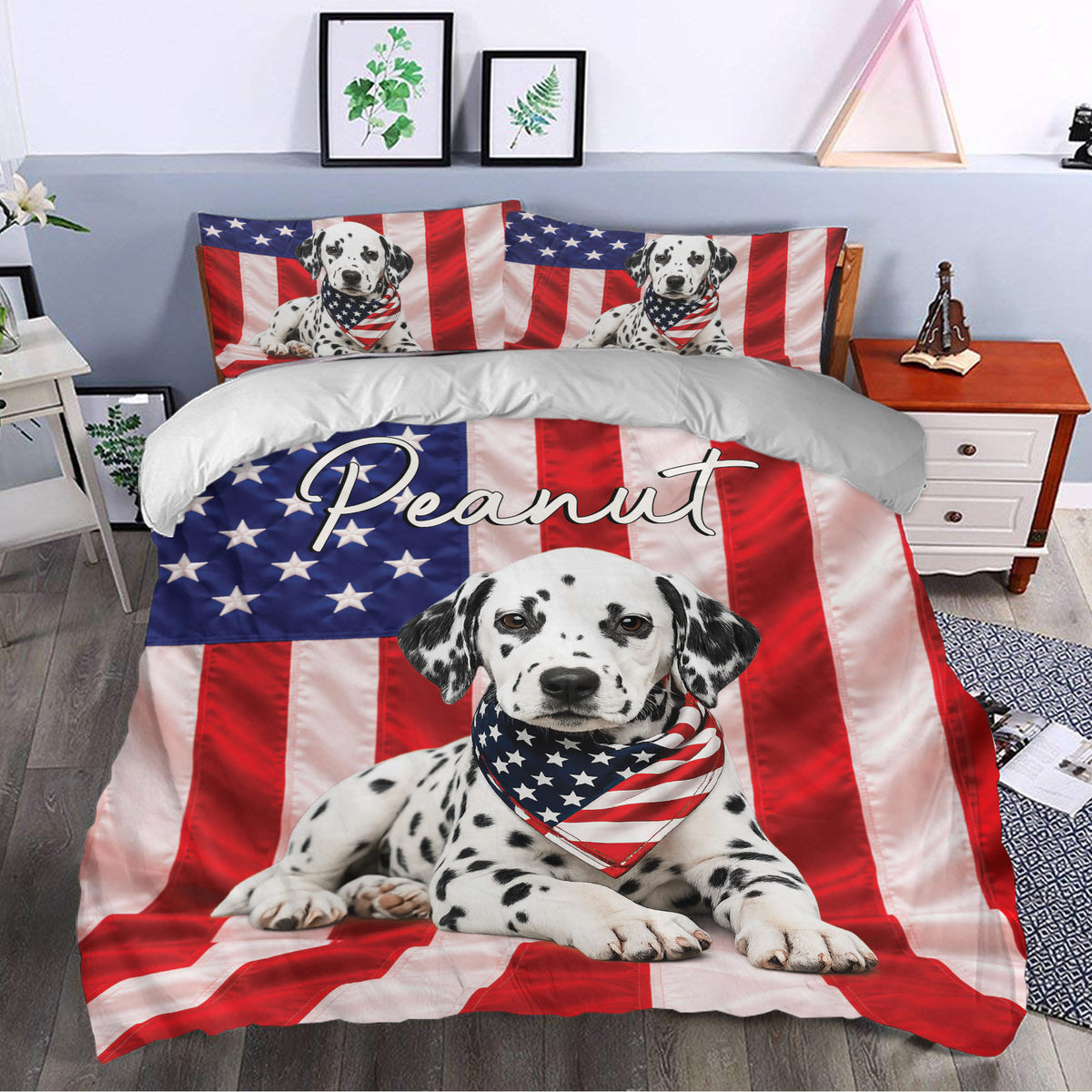 Patriotic Dalmatian duvet cover bedding set styled in a bedroom with matching dog pillowcases