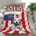 Dalmatian dog duvet cover set with red, white, and blue flag design in a bright bedroom