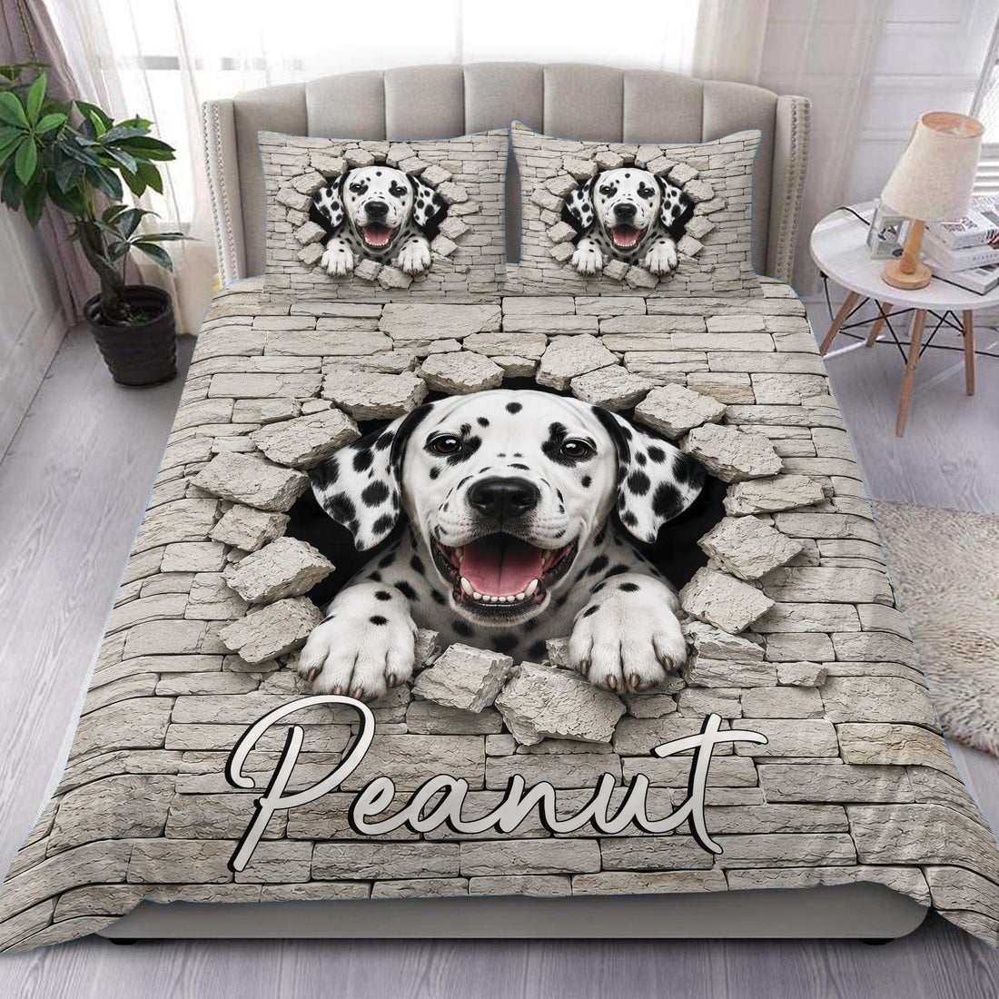 Dalmatian duvet cover set with spotted dog bursting through a stone wall design