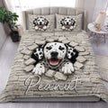 Dalmatian duvet cover set with spotted dog bursting through a stone wall design