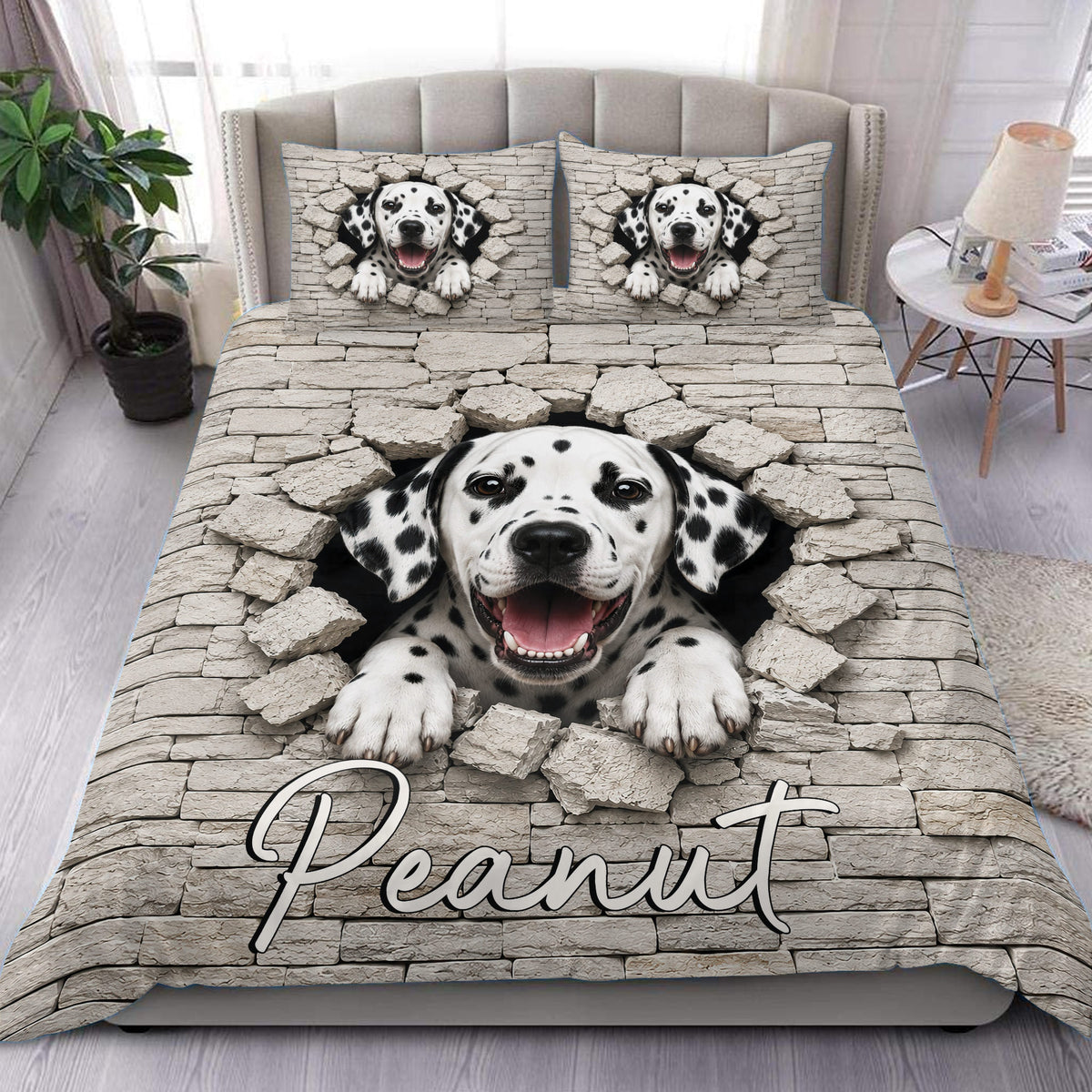 Dalmatian duvet cover set with spotted dog bursting through a stone wall design