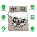 Dalmatian duvet cover bedding set shown with matching pillowcases and product feature icons