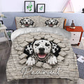 Dalmatian duvet cover styled in a bedroom with a playful dog and stone wall artwork