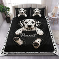 Black and white Dalmatian duvet cover set styled on a modern bedroom with matching dog portrait pillowcases