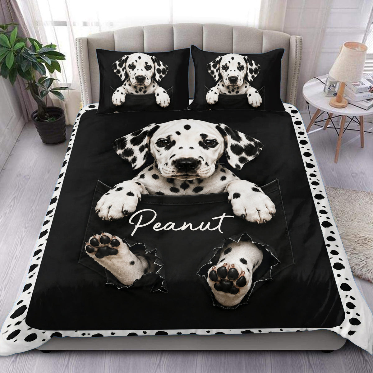 Black and white Dalmatian duvet cover set styled on a modern bedroom with matching dog portrait pillowcases
