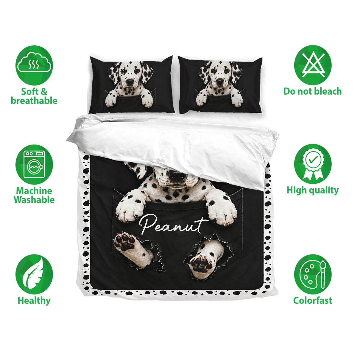 Dalmatian duvet cover bedding set shown with matching pillowcases and soft breathable fabric feature icons