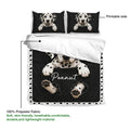 Dalmatian bedding set detail showing the printed side, soft polyester fabric, black design and spotted border