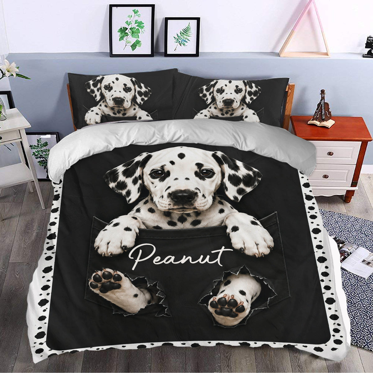 Dalmatian duvet cover set displayed in a bedroom with a large playful dog portrait and matching pillowcases