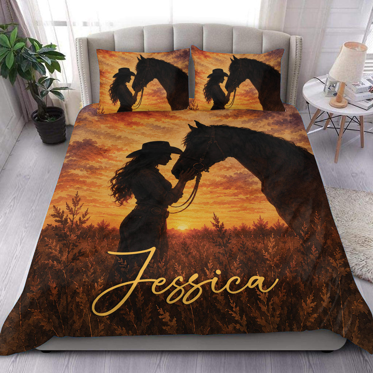 Cowgirl and horse duvet cover set displayed on a bed with warm sunset tones and Western bedroom decor