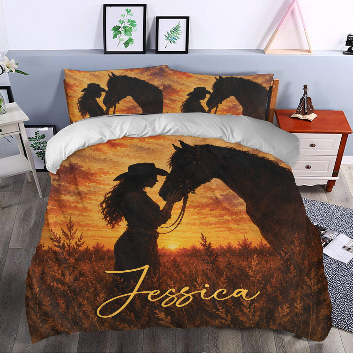 Cowgirl and horse duvet cover styled in a bedroom with rustic Western artwork and golden sunset scenery