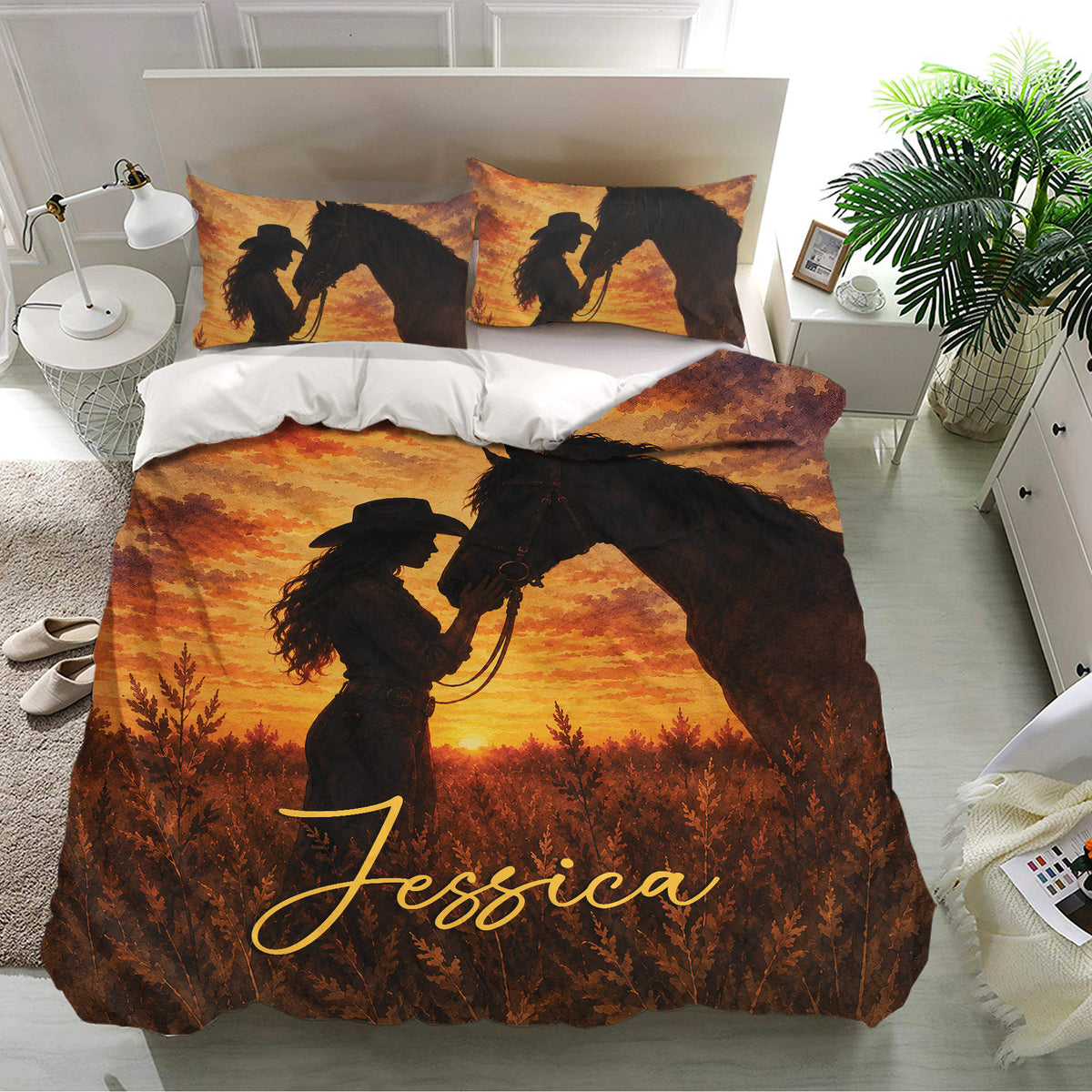 Cowgirl duvet cover bedding set presented in a bright bedroom with matching horse and sunset pillowcases
