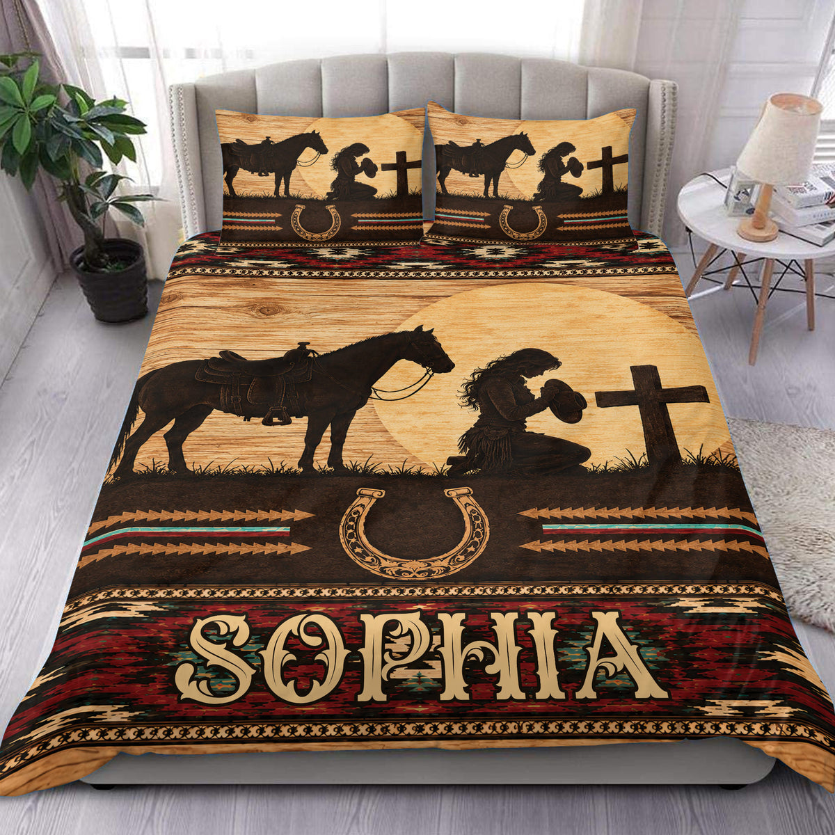 Cowgirl duvet cover bedding set displayed on a bed with horse, horseshoe, sunset, and rustic western artwork