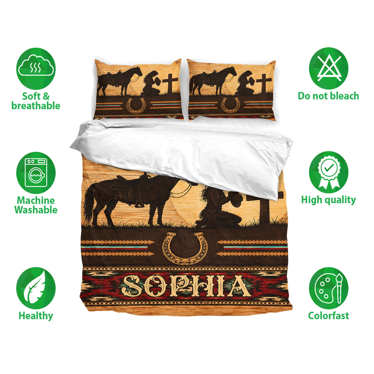 Cowgirl bedding set presentation with horse and horseshoe artwork, breathable fabric callouts, and bedroom styling