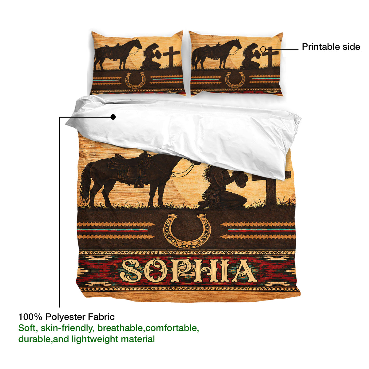 Cowgirl duvet cover set detail showing horse, western horseshoe, rustic wood texture, and printable bedding surface