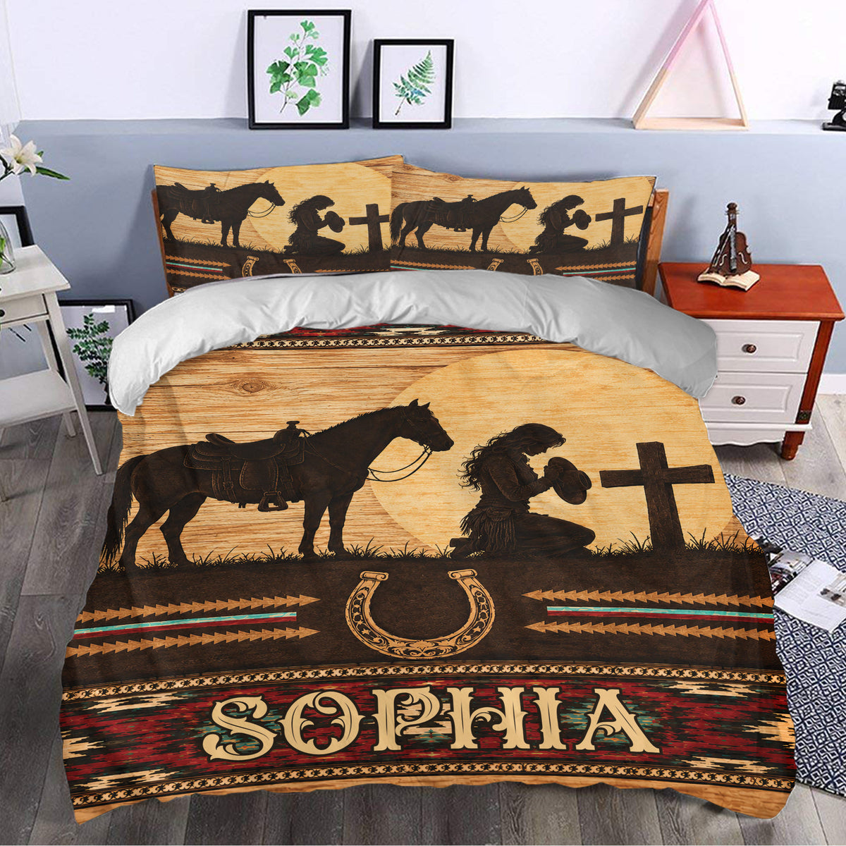 Cowgirl duvet cover styled in a bedroom with horse, prayerful cowgirl, cross, horseshoe, and western patterns