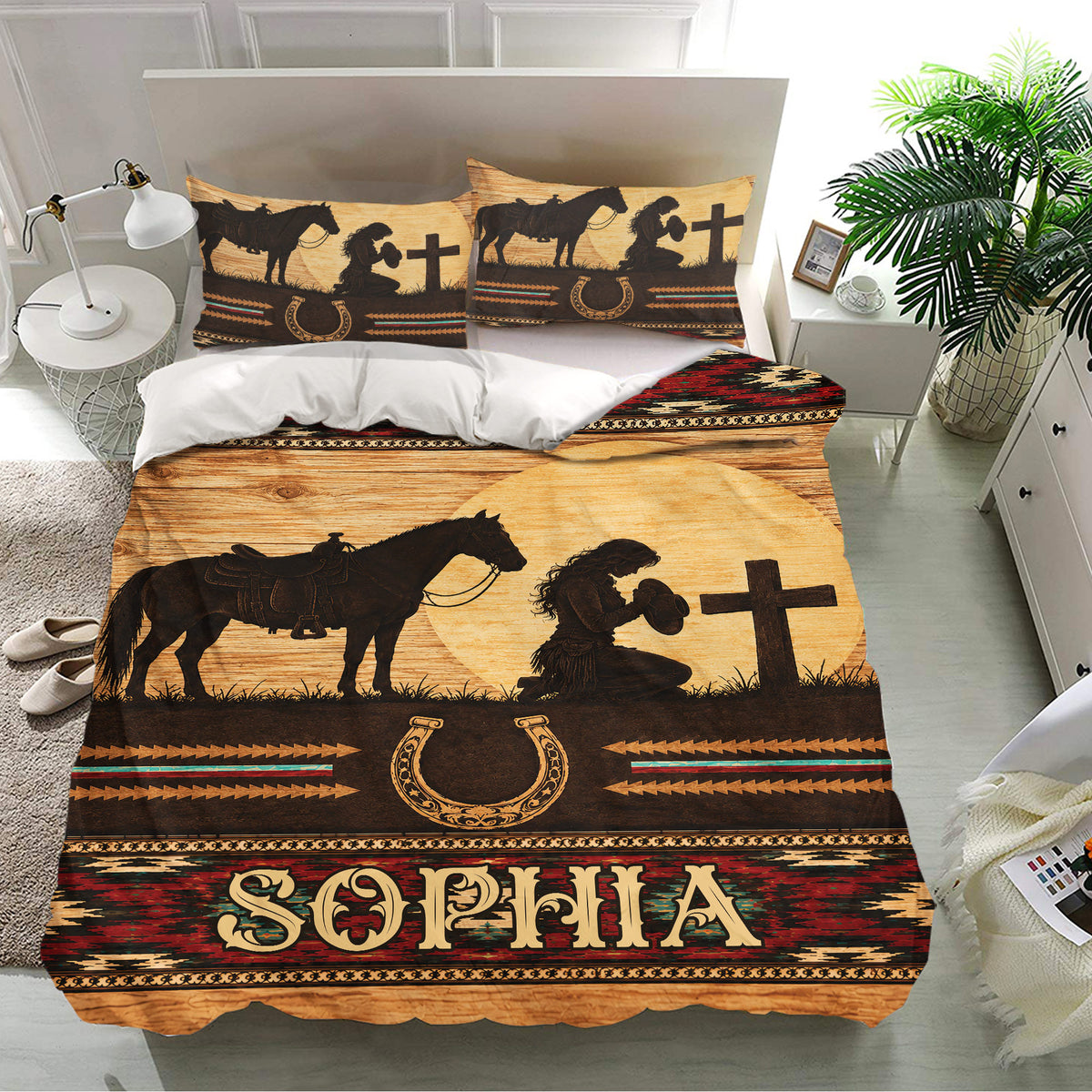 Western cowgirl bedding set displayed in a bright bedroom with horse artwork, horseshoe detail, and rustic colors
