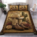 Cowgirl duvet cover set with western boots, cowboy hat, cactus, roses, and ornate rustic border