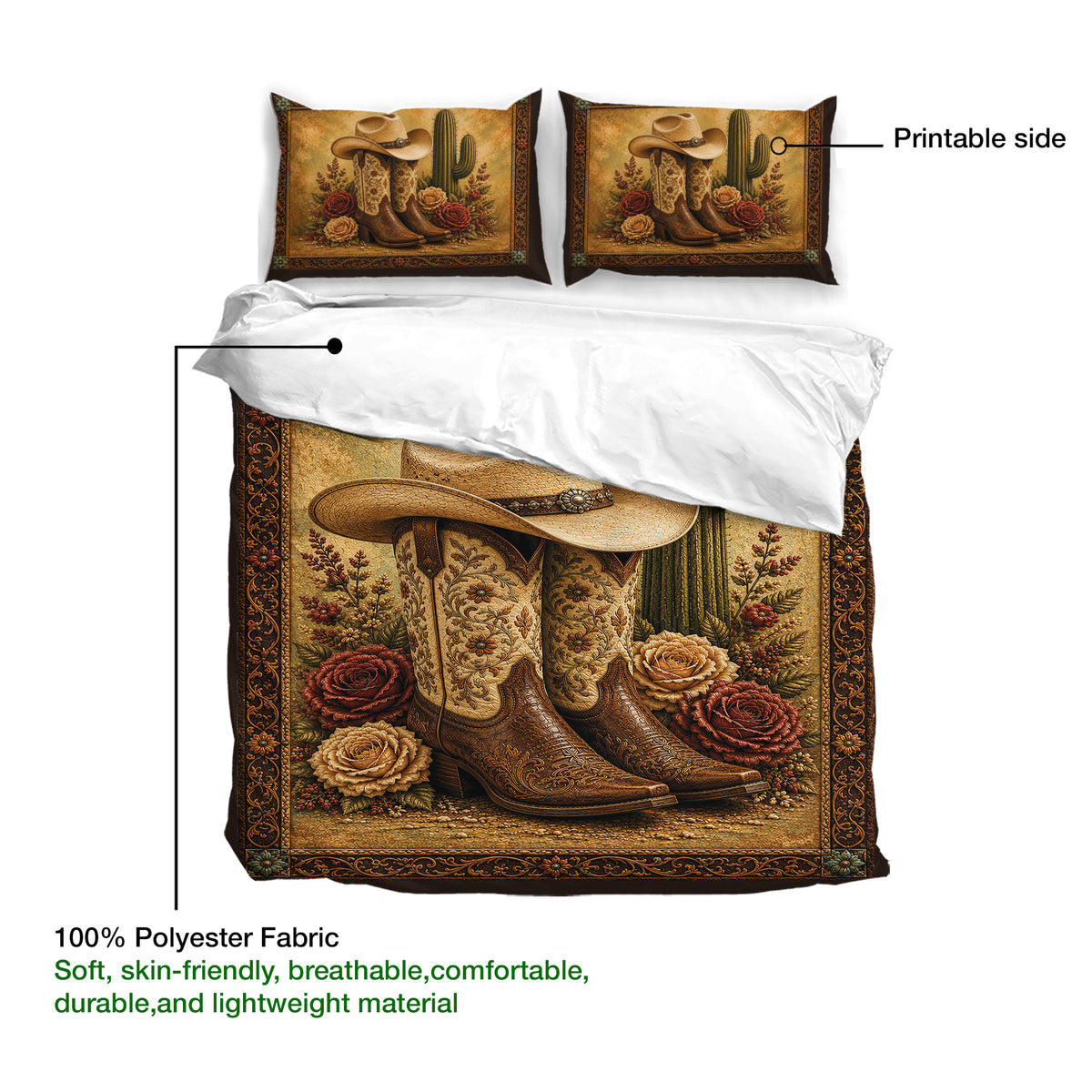 Cowgirl duvet cover showing western boots, cactus, roses, ornate border, and soft polyester fabric