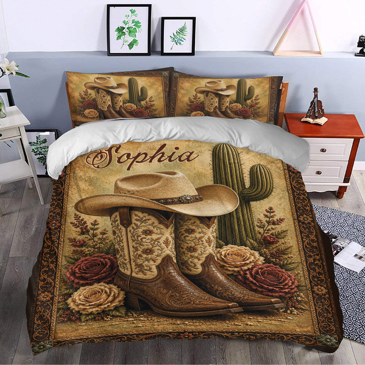 Cowgirl duvet cover bedding styled in a bedroom with western boots, hat, cactus, and floral accents