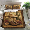 Rustic cowgirl bedding set featuring western boots, cowboy hat, cactus, roses, and decorative borders