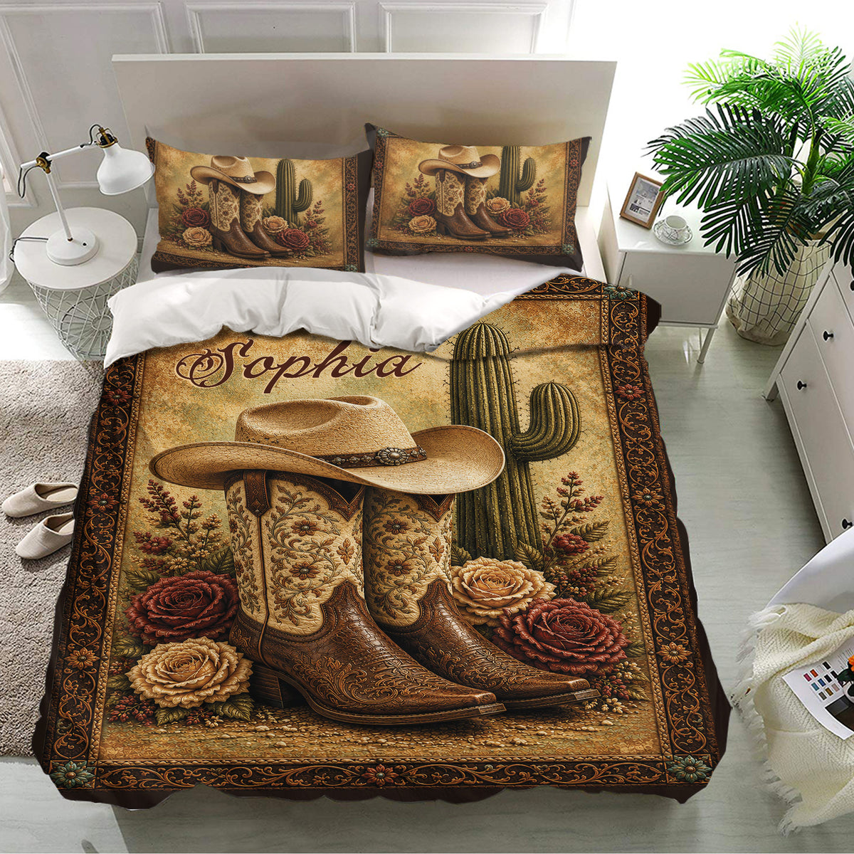 Rustic cowgirl bedding set featuring western boots, cowboy hat, cactus, roses, and decorative borders